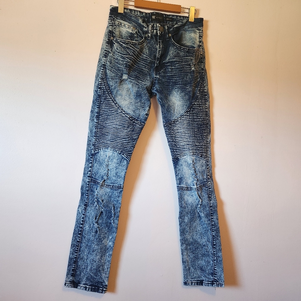 Waimea Mens Biker Moto Skinny Jeans 30x32 Acid Wash Blue Stretch Distressed Y2K